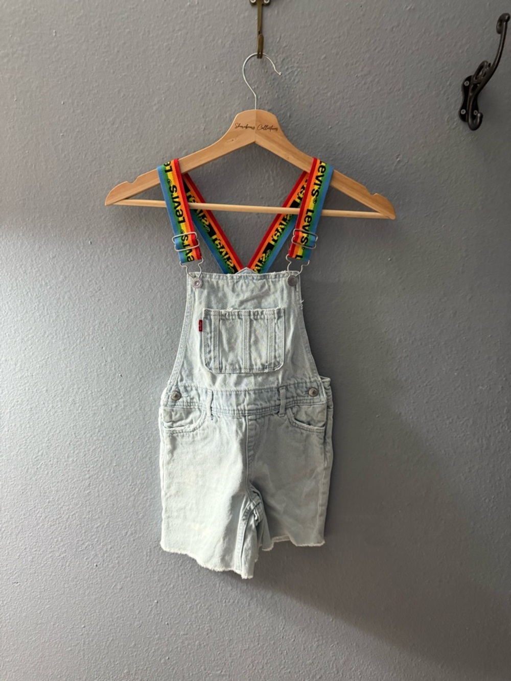 Levi's Light Wash Denim Short Overalls with Rainbow Straps